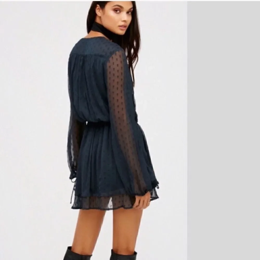 Free People Daliah Mini Blue Dress Long Sleeve Deep Blouse Size XS